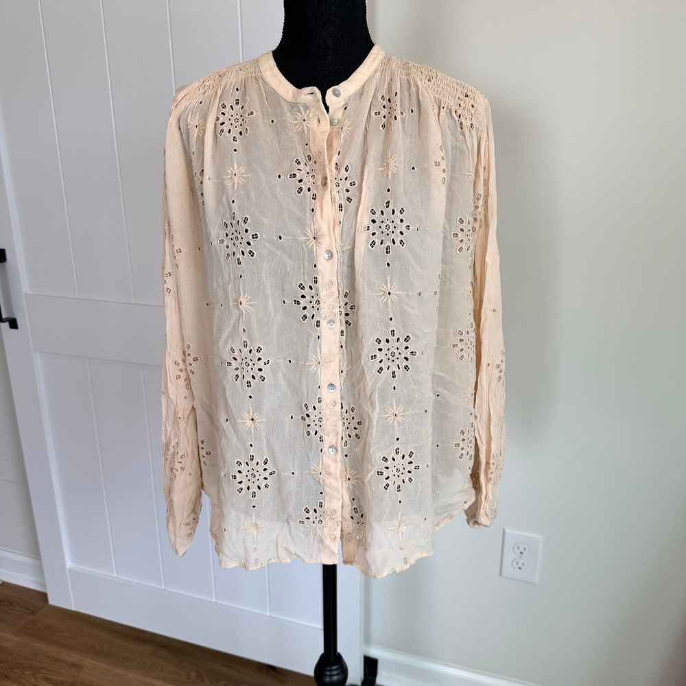 Zara Cream Eyelet Embroidered Button Down Long Sleeve Blouse Top Size XL